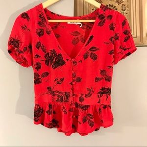 Kimchi Blue Red Floral Print Button Blouse Small